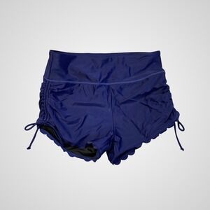 Attraco Womens Navy Blue Scalloped Hem Swim Shorts UPF 50+ High Waisted Medium